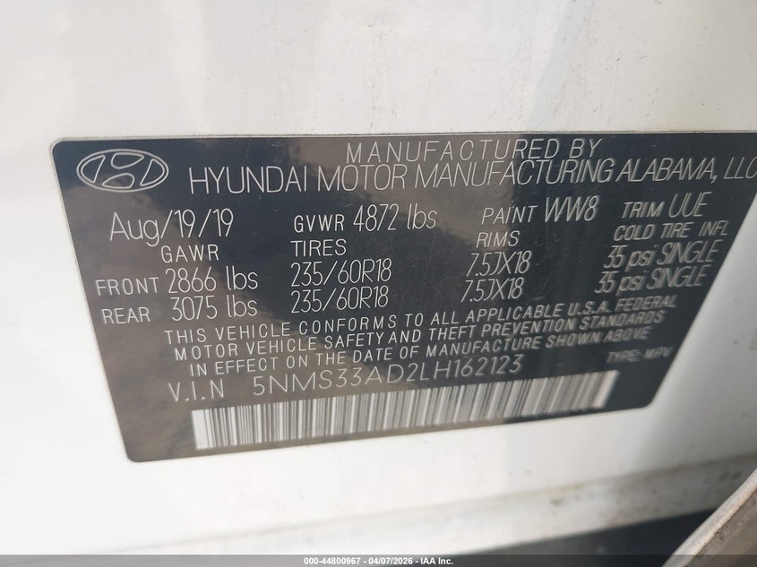 2020 Hyundai Santa Fe Sel VIN: 5NMS33AD2LH162123 Lot: 44800967