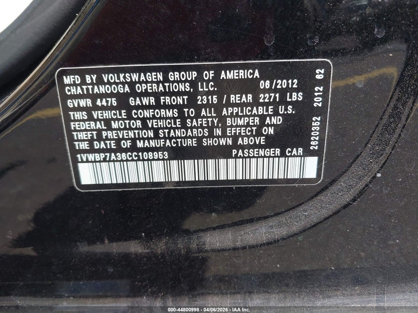 2012 Volkswagen Passat 2.5 2.5L Se black Lot 111044800998 Vin 1VWBP7A36CC108953
