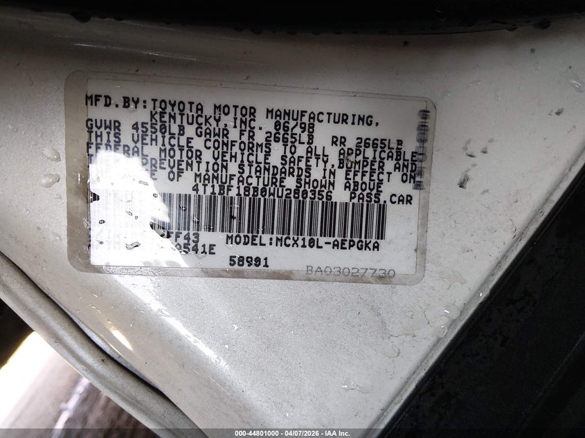 1998 Toyota Avalon Xls VIN: 4T1BF18B0WU280356 Lot: 44801000