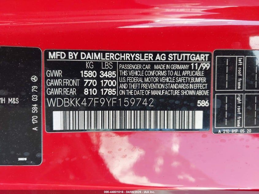 2000 Mercedes-Benz Slk 230 Kompressor VIN: WDBKK47F9YF159742 Lot: 44801016