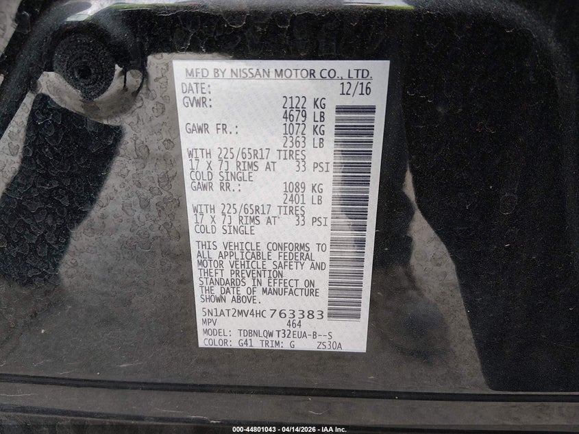 2017 Nissan Rogue 2.5 Sv black Lot 111044801043 Vin 5N1AT2MV4HC763383