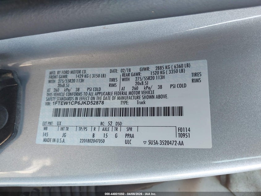 2018 Ford F-150 Xl VIN: 1FTEW1CP6JKD52878 Lot: 44801050