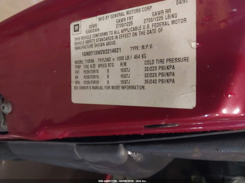 1997 Chevrolet Blazer Lt VIN: 1GNDT13W2V2214621 Lot: 44801106