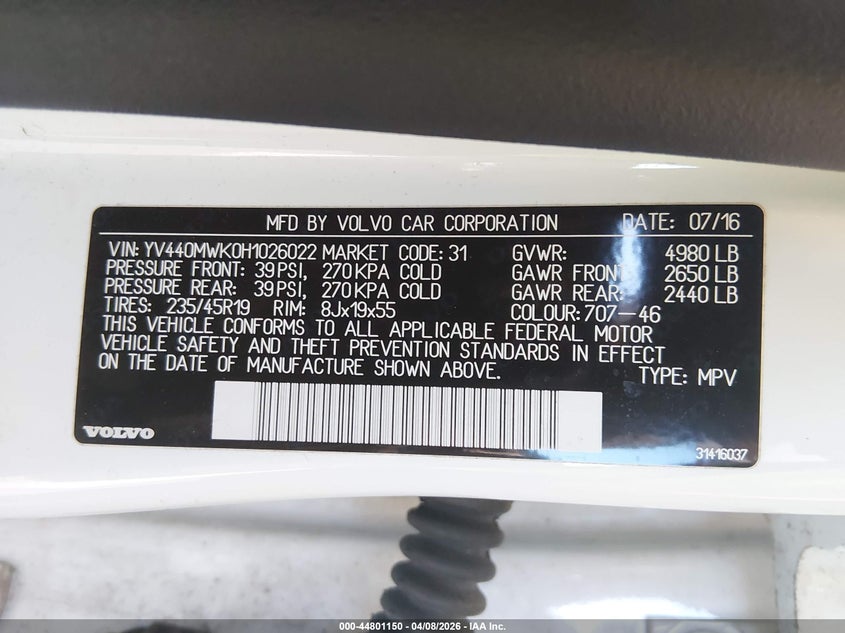 2017 Volvo V60 Cross Country T5 VIN: YV440MWK0H1026022 Lot: 44801150