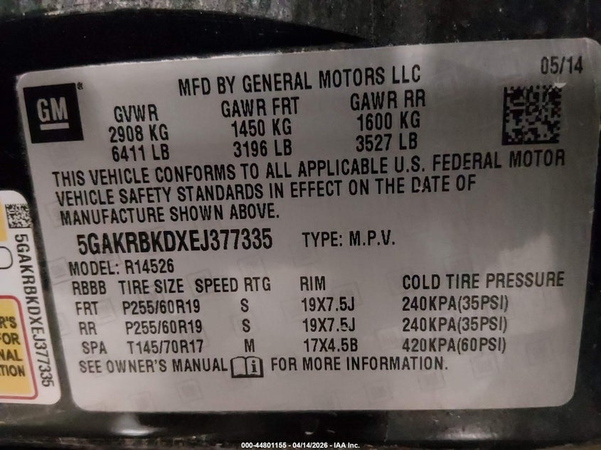 2014 Buick Enclave Leather VIN: 5GAKRBKDXEJ377335 Lot: 44801155