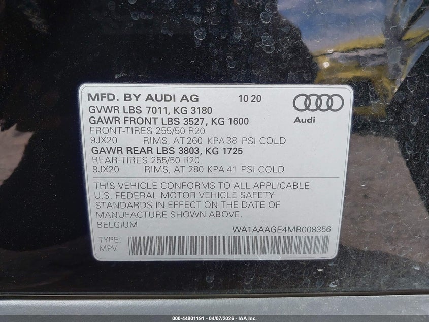 2021 Audi E-Tron Premium Quattro VIN: WA1AAAGE4MB008356 Lot: 44801191