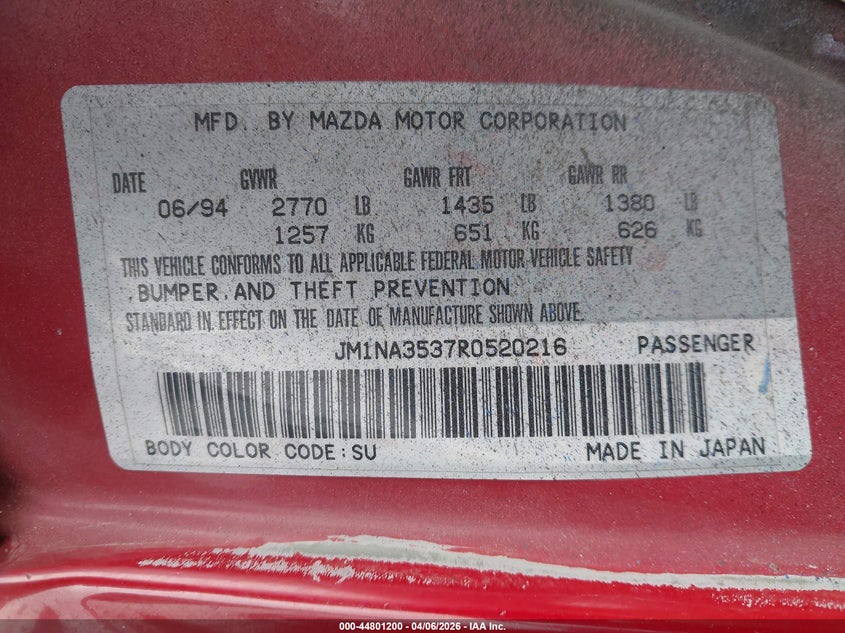 1994 Mazda Mx-5 Miata VIN: JM1NA3537R0520216 Lot: 44801200