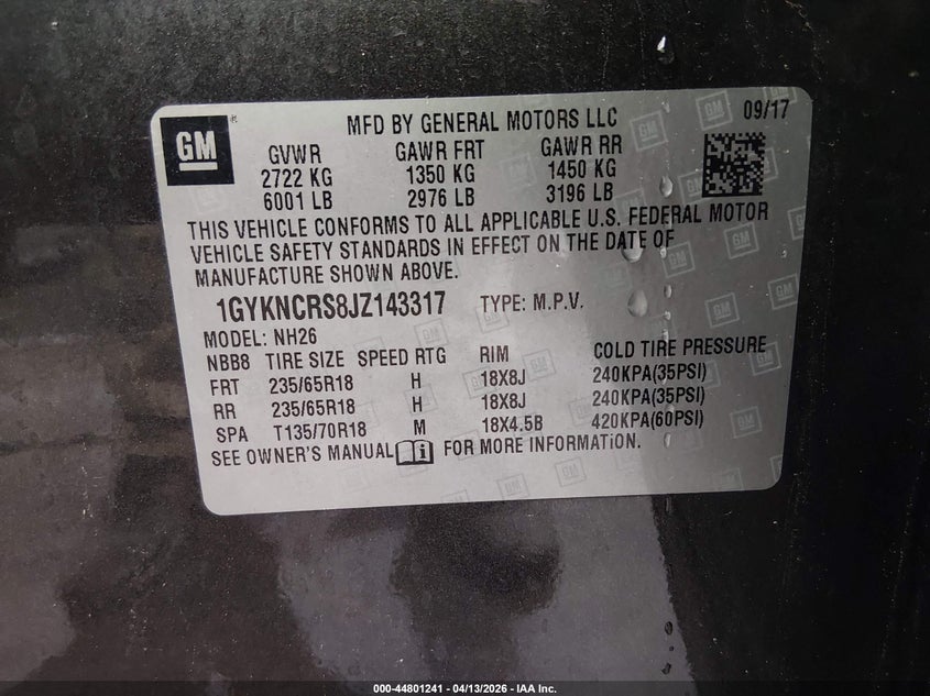 2018 Cadillac Xt5 Luxury VIN: 1GYKNCRS8JZ143317 Lot: 44801241