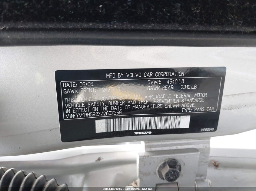 2007 Volvo S60 2.5T VIN: YV1RH592772607359 Lot: 44801245