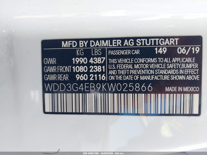 2019 Mercedes-Benz A 220 VIN: WDD3G4EB9KW025866 Lot: 44801368