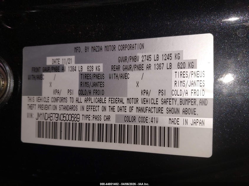 2022 Mazda Mx-5 Miata Sport VIN: JM1NDAB79N0500689 Lot: 44801402