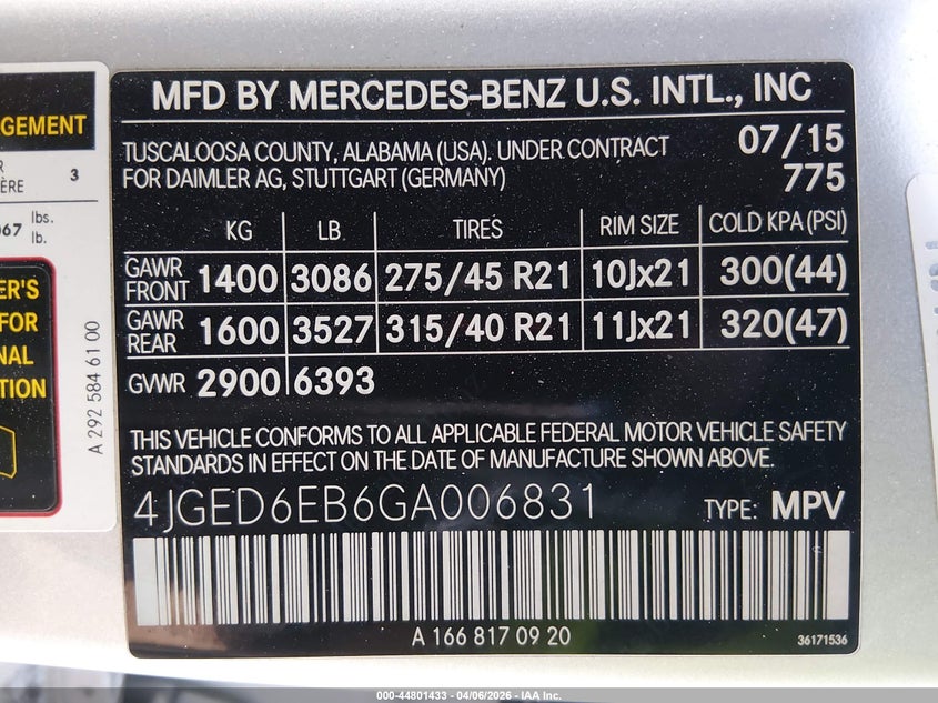 2016 Mercedes-Benz Gle 450 Amg Coupe 4Matic VIN: 4JGED6EB6GA006831 Lot: 44801433