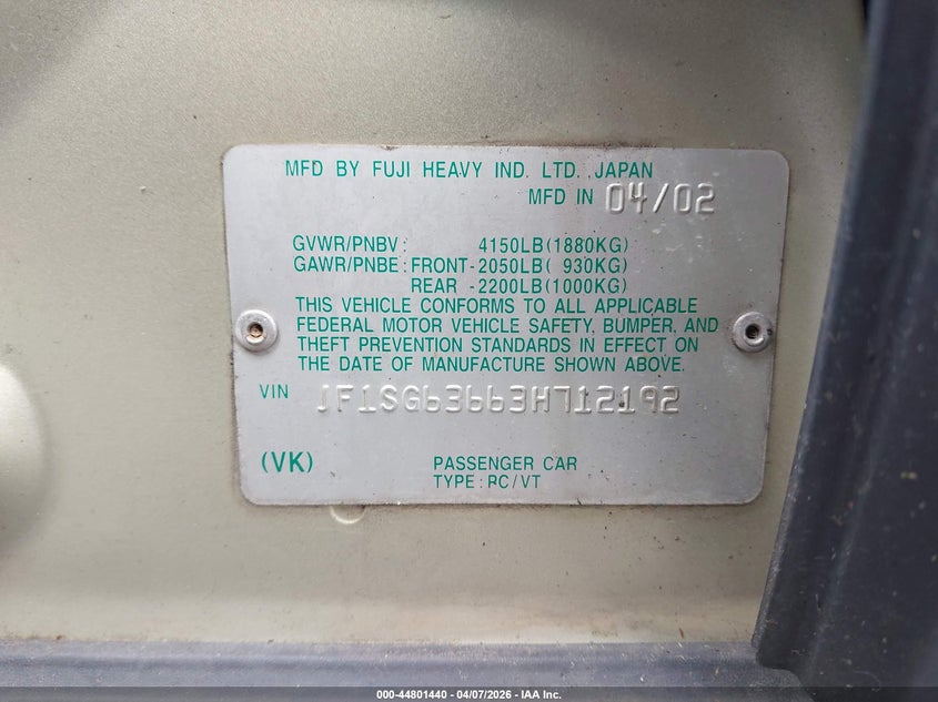 2003 Subaru Forester X VIN: JF1SG63663H712192 Lot: 44801440