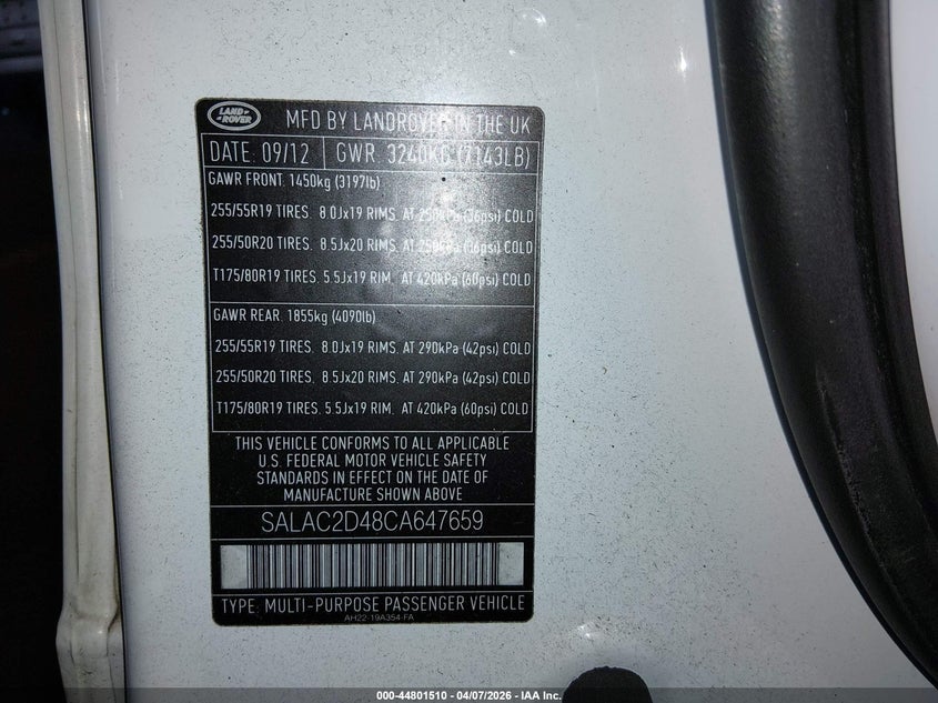 2012 Land Rover Lr4 VIN: SALAC2D48CA647659 Lot: 44801510