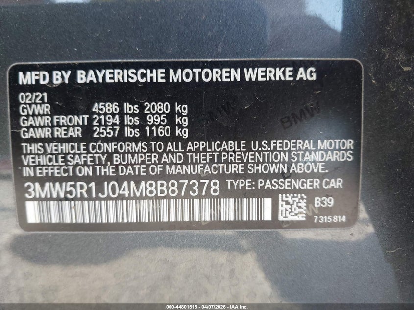 2021 BMW 330I VIN: 3MW5R1J04M8B87378 Lot: 44801515