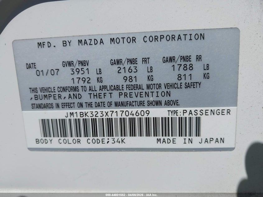 2007 Mazda Mazda3 S Grand Touring VIN: JM1BK323X71704609 Lot: 44801552