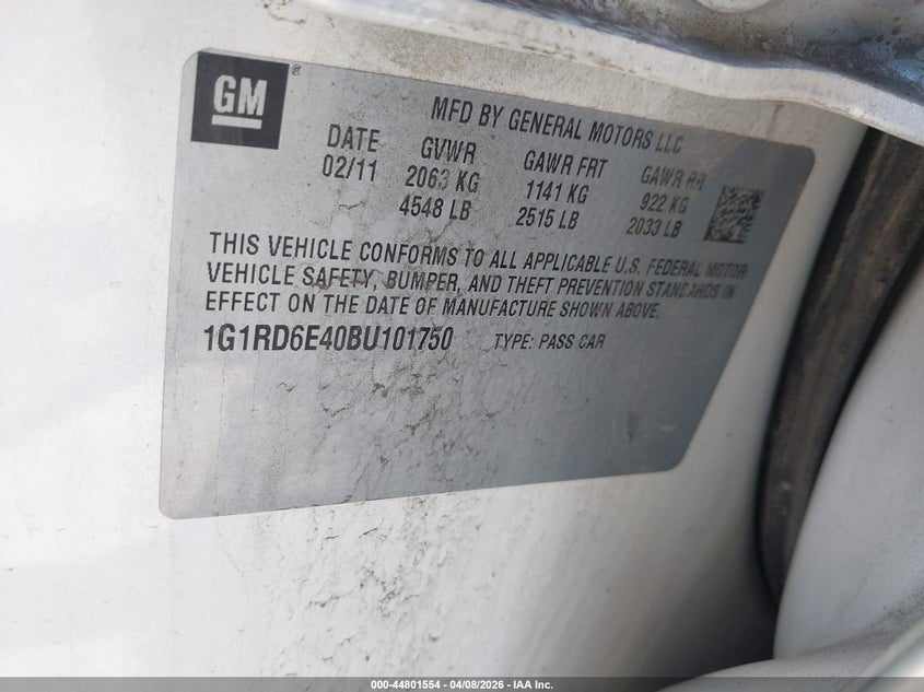 2011 Chevrolet Volt VIN: 1G1RD6E40BU101750 Lot: 44801554