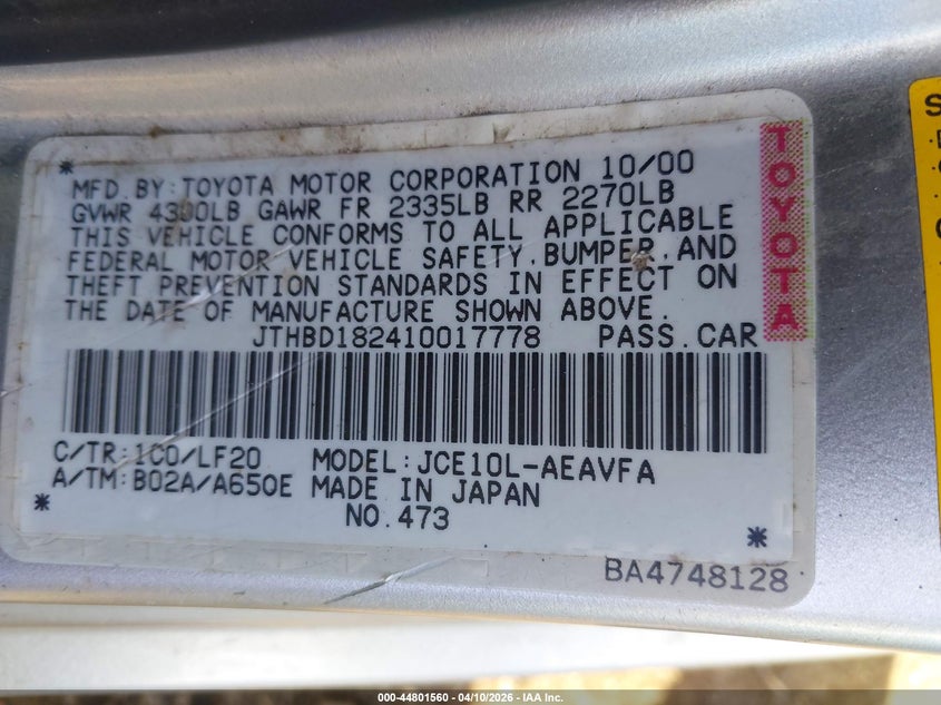 2001 Lexus Is 300 VIN: JTHBD182410017778 Lot: 44801560