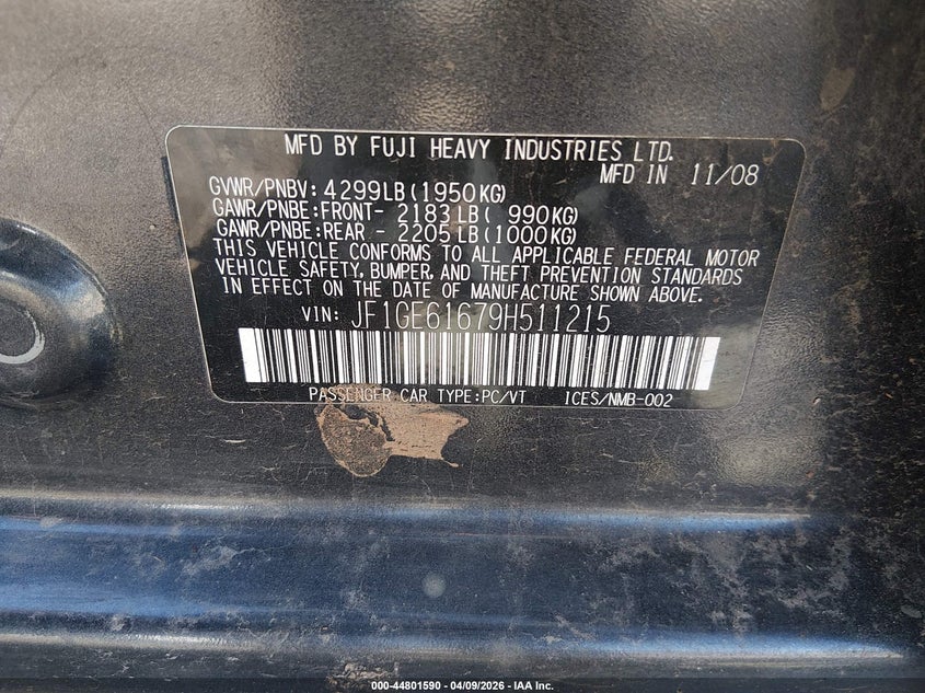 2009 Subaru Impreza 2.5I VIN: JF1GE61679H511215 Lot: 44801590