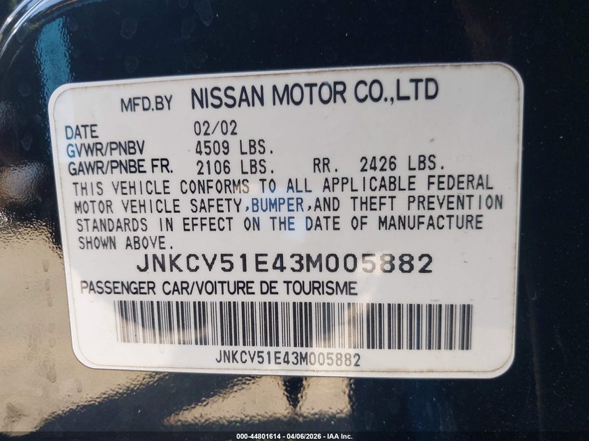 2003 Infiniti G35 Base W/6 Speed Manual VIN: JNKCV51E43M005882 Lot: 44801614