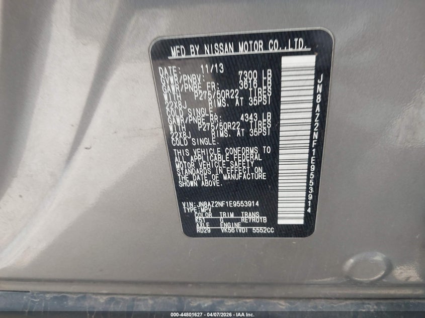 2014 Infiniti Qx80 VIN: JN8AZ2NF1E9553914 Lot: 44801627