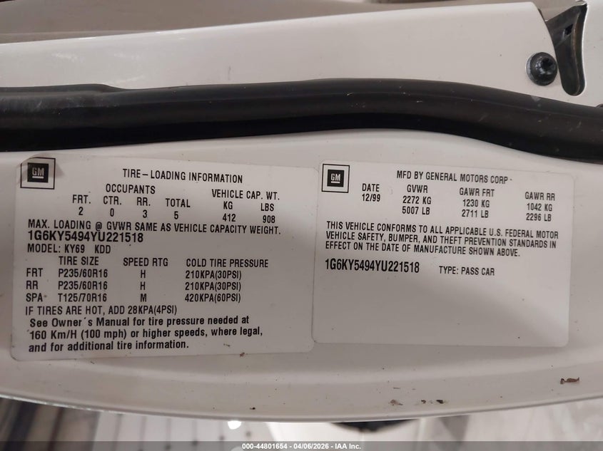 2000 Cadillac Seville Sts VIN: 1G6KY5494YU221518 Lot: 44801654