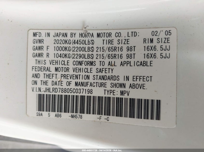 2005 Honda Cr-V Ex VIN: JHLRD78805C037198 Lot: 44801729