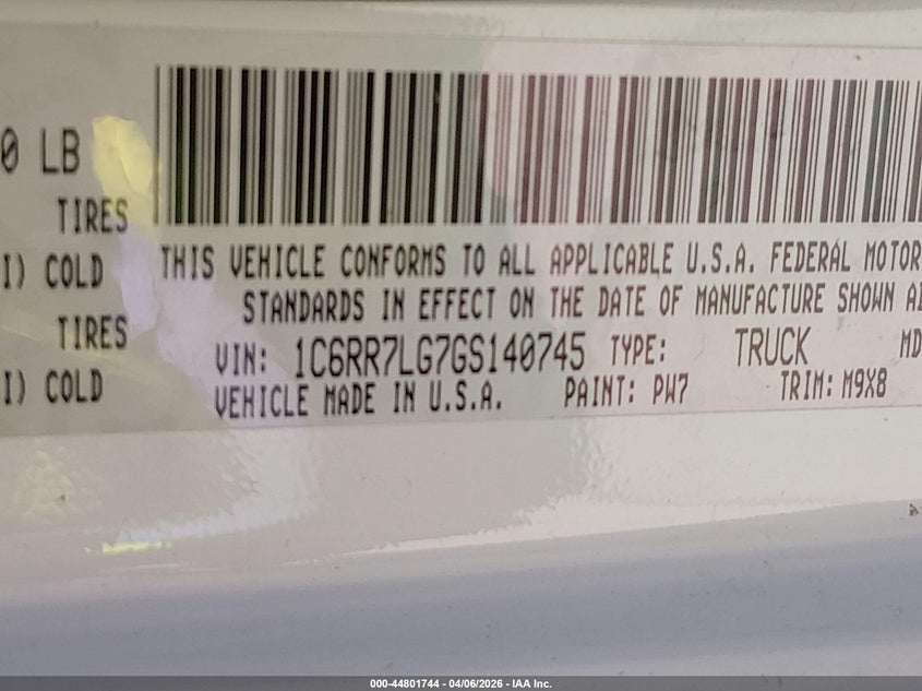 2016 Ram 1500 Big Horn VIN: 1C6RR7LG7GS140745 Lot: 44801744