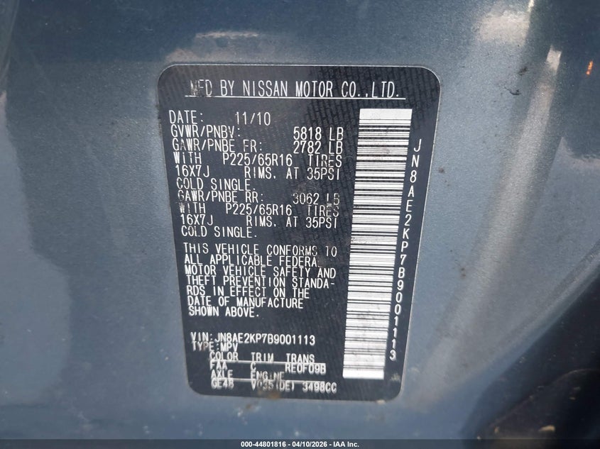 2011 Nissan Quest Sv VIN: JN8AE2KP7B9001113 Lot: 44801816