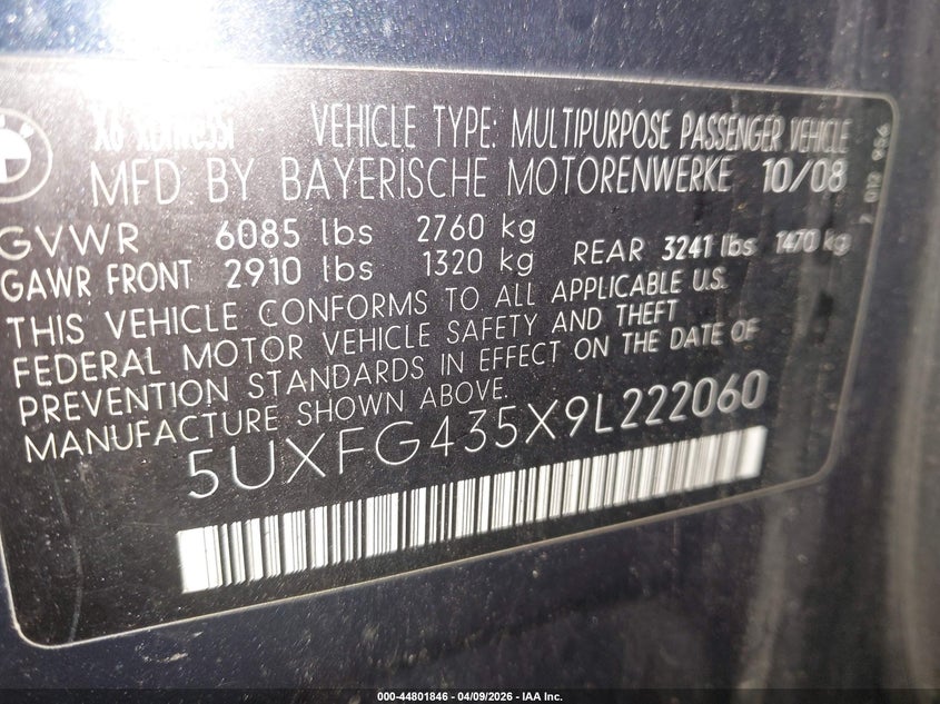 2009 BMW X6 xDrive35I VIN: 5UXFG435X9L222060 Lot: 44801846
