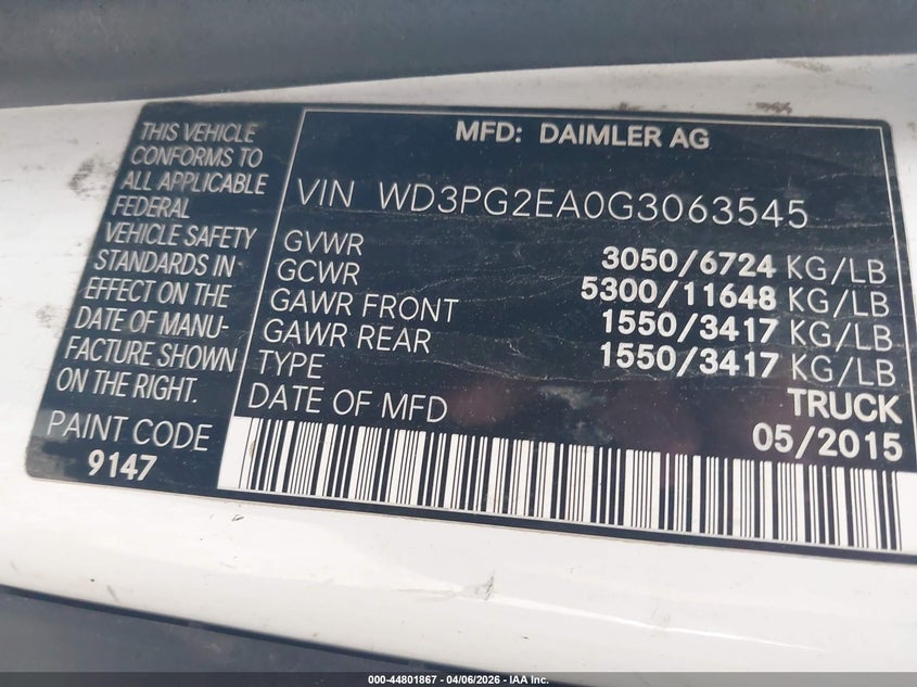 2016 Mercedes-Benz Metris VIN: WD3PG2EA0G3063545 Lot: 44801867