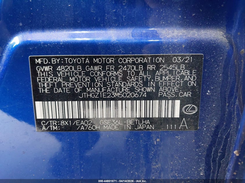 2021 Lexus Is 350 F Sport VIN: JTHGZ1E23M5020674 Lot: 44801871