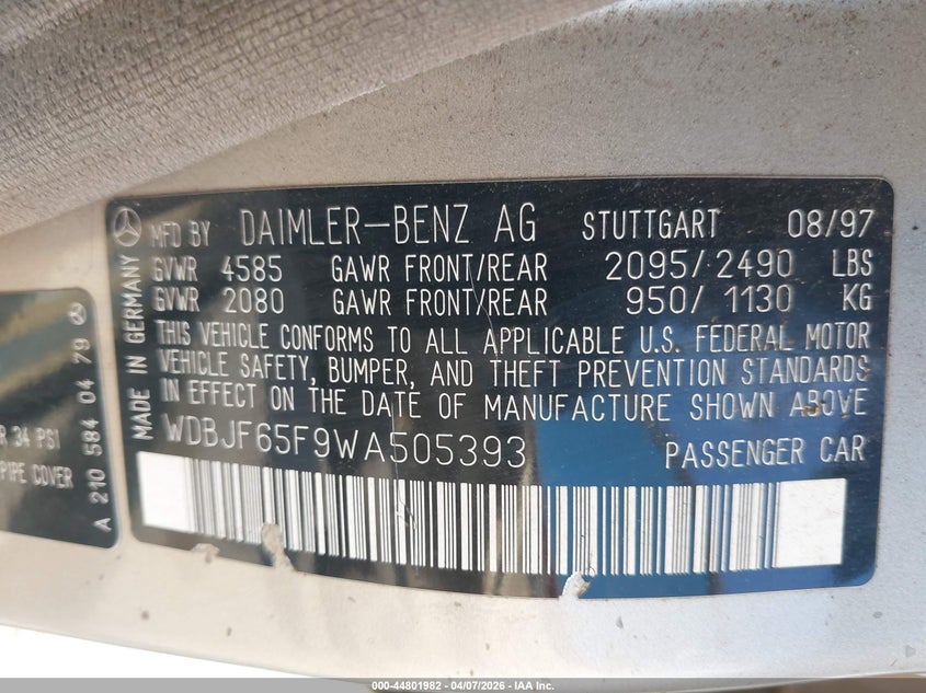 1998 Mercedes-Benz E 320 VIN: WDBJF65F9WA505393 Lot: 44801982