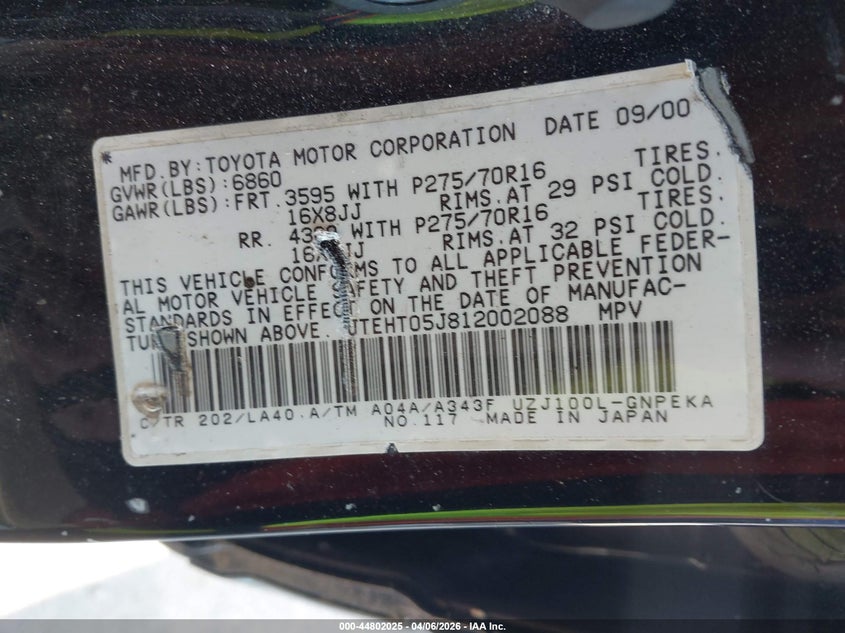 2001 Toyota Land Cruiser VIN: JTEHT05J812002088 Lot: 44802025