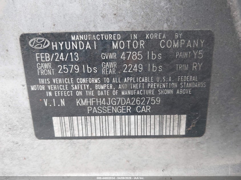 2013 Hyundai Azera VIN: KMHFH4JG7DA262759 Lot: 44802034