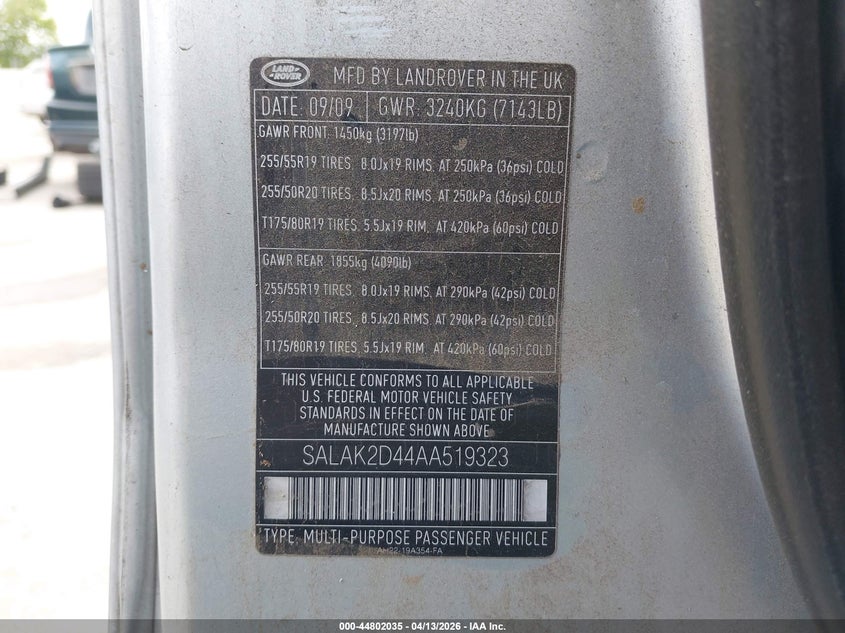 2010 Land Rover Lr4 VIN: SALAK2D44AA519323 Lot: 44802035