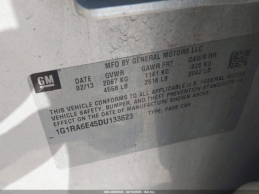 2013 Chevrolet Volt VIN: 1G1RA6E45DU133623 Lot: 44802040