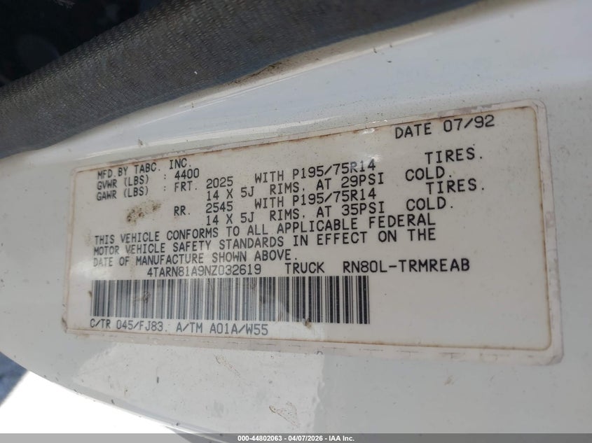 1992 Toyota Pickup 1/2 Ton Short Whlbase Stb VIN: 4TARN81A9NZ032619 Lot: 44802063