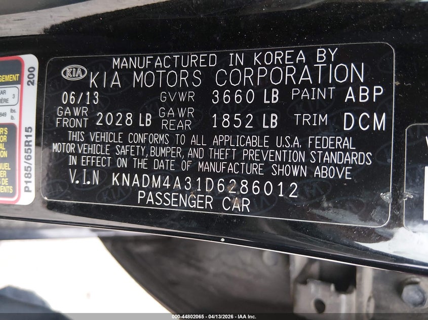 2013 Kia Rio Lx VIN: KNADM4A31D6286012 Lot: 44802065