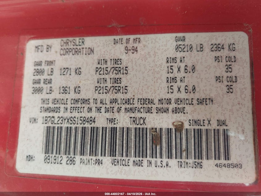 1995 Dodge Dakota VIN: 1B7GL23YXSS158484 Lot: 44802167
