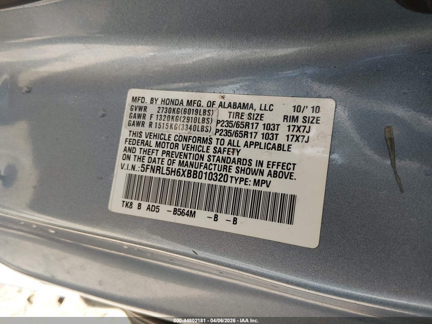 2011 Honda Odyssey 3.5 Ex-L blue Lot 111044802181 Vin 5FNRL5H6XBB010320