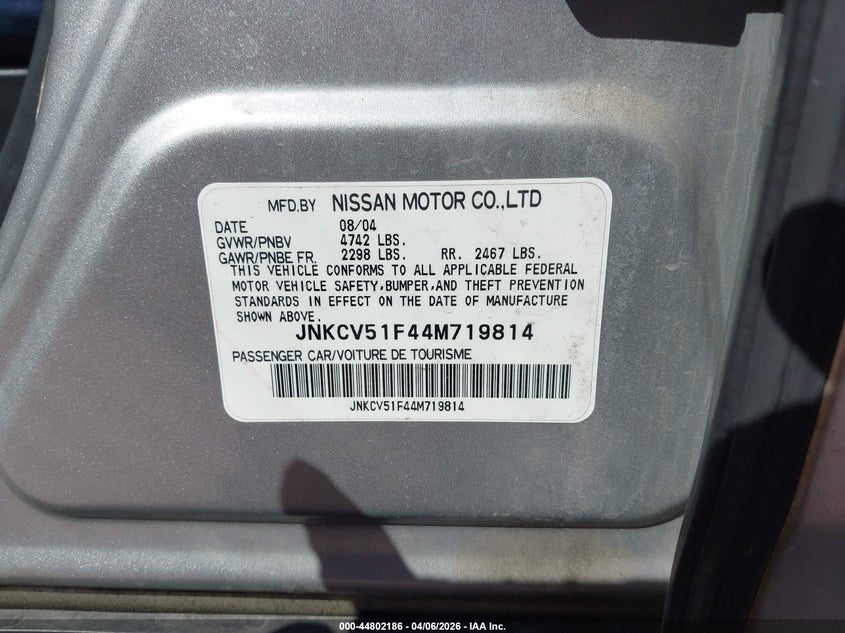 2004 Infiniti G35X VIN: JNKCV51F44M719814 Lot: 44802186