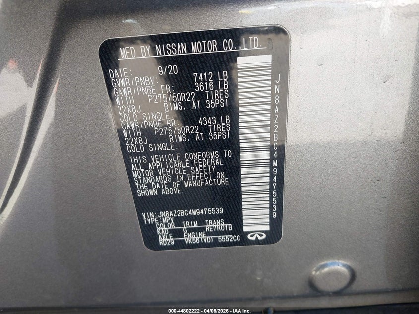 2021 Infiniti Qx80 Sensory Awd VIN: JN8AZ2BC4M9475539 Lot: 44802222