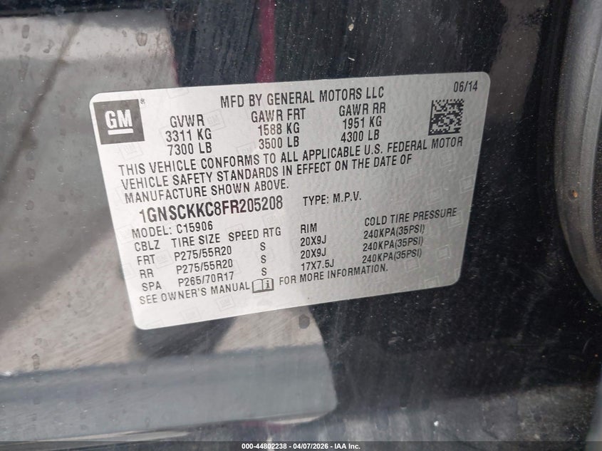 2015 Chevrolet Suburban 1500 Ltz VIN: 1GNSCKKC8FR205208 Lot: 44802238