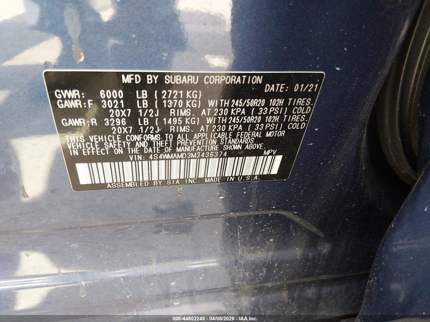 2021 Subaru Ascent 2.4 Limited blue Lot 111044802248 Vin 4S4WMAMD3M3436374