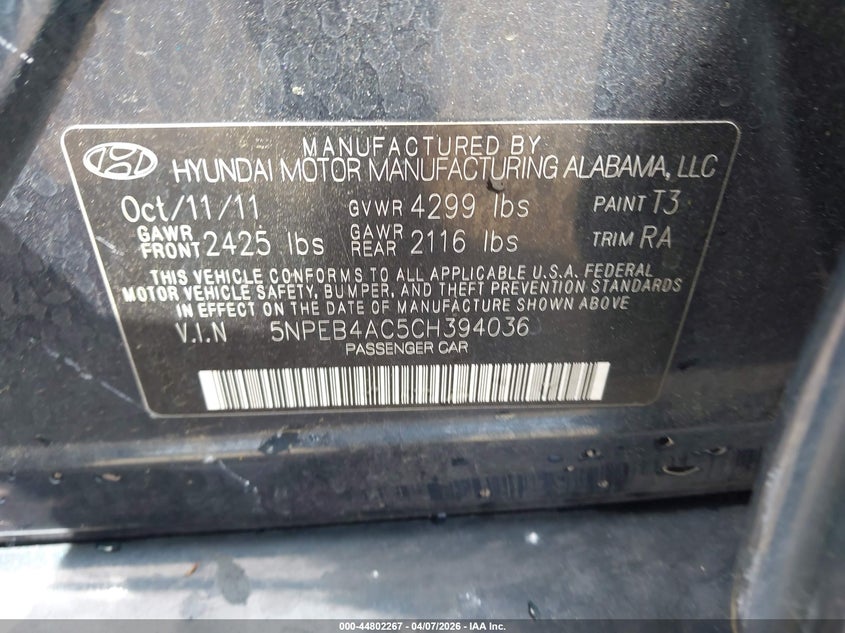 2012 Hyundai Sonata 2.4 Gls blue Lot 111044802267 Vin 5NPEB4AC5CH394036