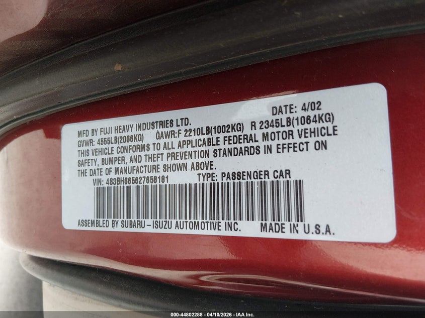 2002 Subaru Outback VIN: 4S3BH665627658181 Lot: 44802288