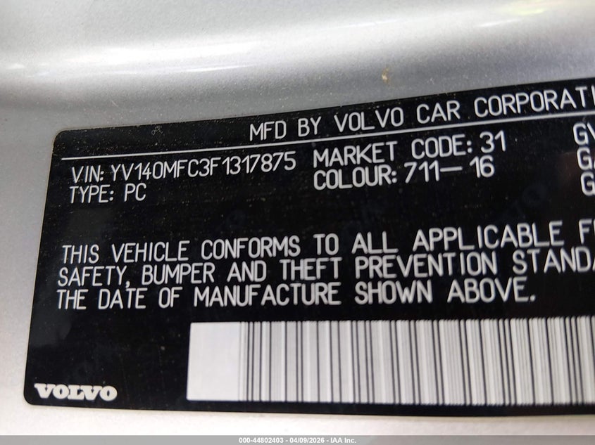 2015 Volvo S60 T5 Premier Plus VIN: YV140MFC3F1317875 Lot: 44802403