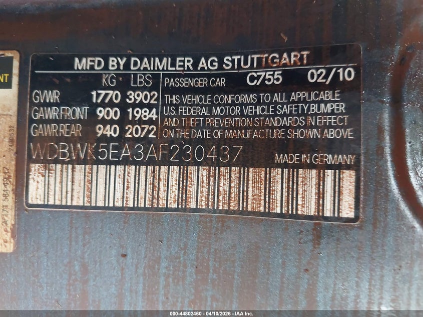 2010 Mercedes-Benz Slk 300 VIN: WDBWK5EA3AF230437 Lot: 44802460