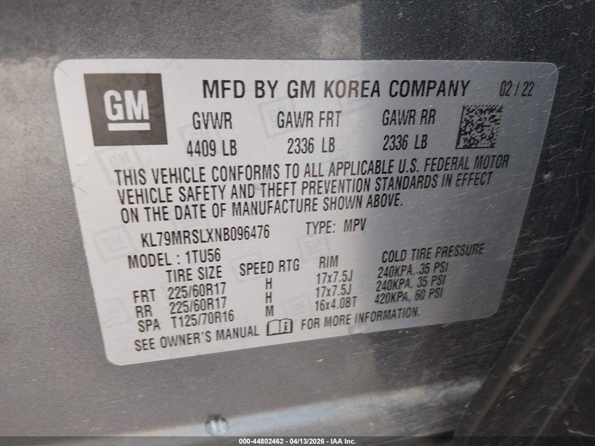 2022 Chevrolet Trailblazer Awd Lt VIN: KL79MRSLXNB096476 Lot: 44802462